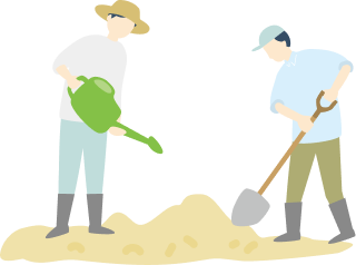畑で水やりと土づくりをする様子のイラスト