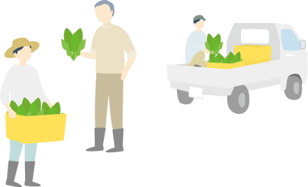 野菜を収穫し軽トラックで出荷する様子のイラスト